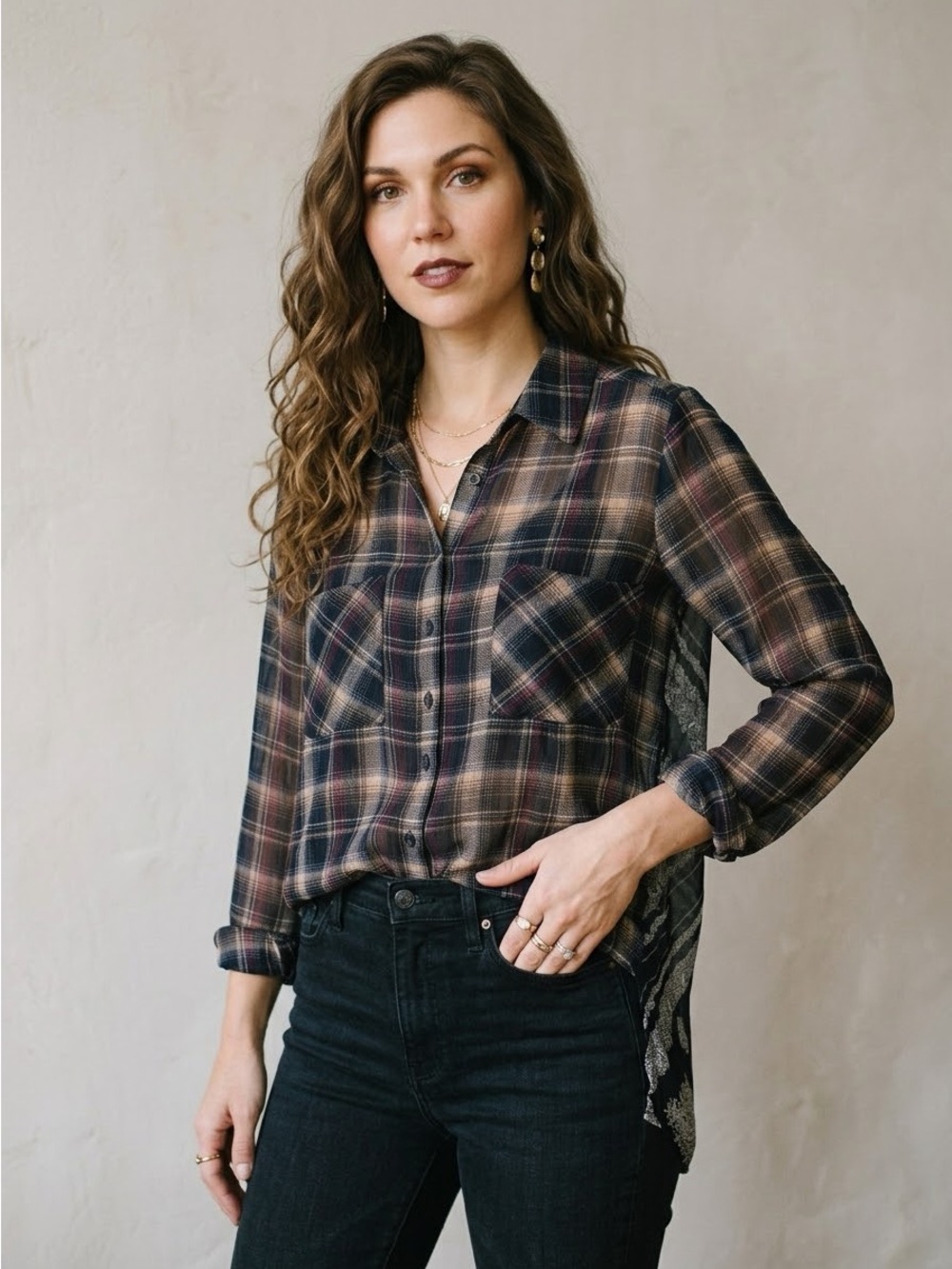 Band of Gypsies Plaid Paisley Sheer Button Down Shirt S